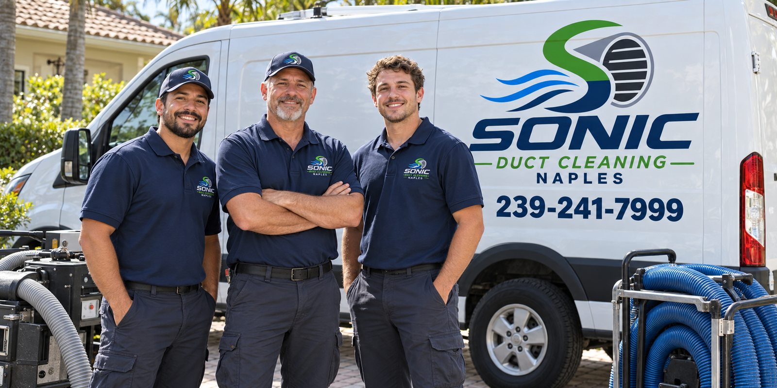 Illustrative image of three Sonic Duct Cleaning Naples technicians with the branded service van